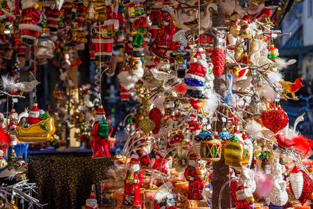 Colored decorations in a stall of the Christmas market in Merano. Trentino Alto Adige, Italy.の写真素材