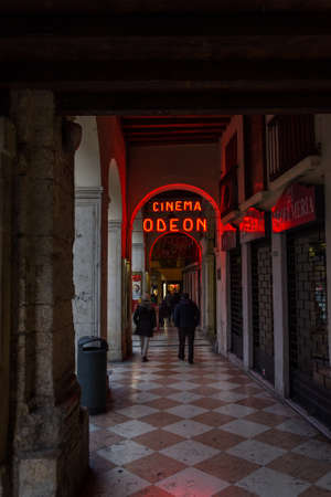 Vicenza, Italy. December 26, 2016:  Illuminated sign of the Odeon Vicenza cinemaのeditorial素材