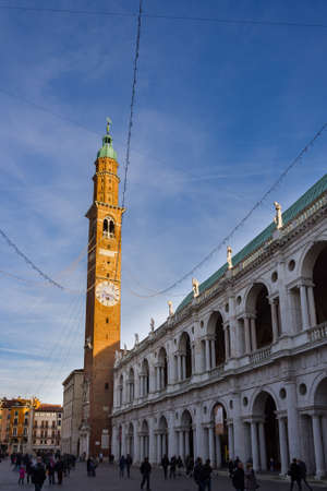 Vicenza, Italy. December 26, 2016: Piazza dei Signori and the Basilica Palladiana at Christmas time with the lights cascade from Torre Bissara.のeditorial素材