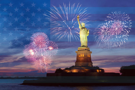 fireworks behind the statue of liberty for independence day, american flag in transparency
