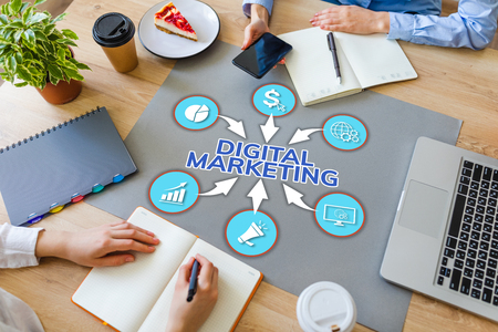 Digital marketing SEO Search engine optimisation Content management Online Advertising concept on office desktop.の写真素材