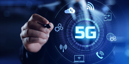 5G mobile internet connection five generation networking concept. Businessman pointing virtual...