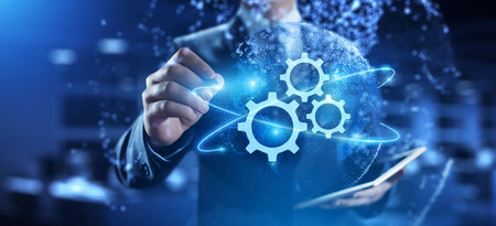 Gears icon on screen. Business and industrial process automation RPA Technology concept.