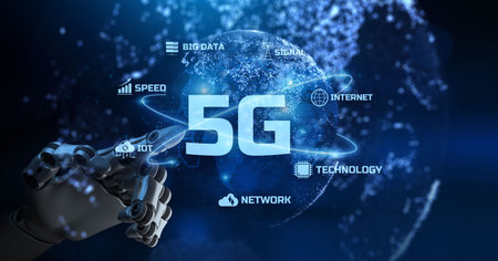 5G technology high speed internet connection communication concept. Robot hand pressing button on...
