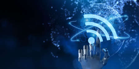 Global wi-fi 5G IOT wireless internet technology concept. Robotic arm 3d rendering.の写真素材