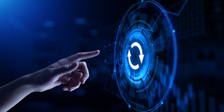 Update system software new version upgrade download. Hand pressing button on screen.の写真素材