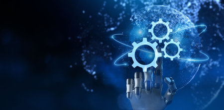 Automation robotic process RPA business technology concept. Robotic arm 3d rendering.の写真素材