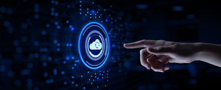 Cloud technology concept. Computing data storage. Software infrastructure. Hand pressing button.の写真素材