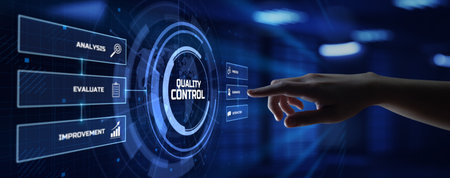 Quality Control Assurance Standards technology concept. Hand pressing button on virtual screen.