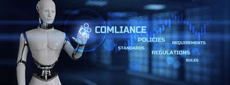 Compliance concept. Robot pressing button on screen 3d render.の写真素材