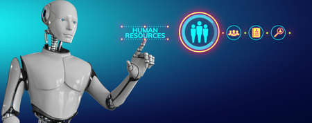 HR Human resources automation RPA. Robot pressing button on screen 3d render.の写真素材