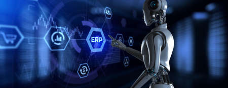 ERP Enterprise resources planning. Robot pressing button on screen 3d render.の写真素材
