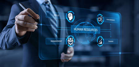 HR Human resources management Recruitment Headhunting. Businessman pressing button on screen.の写真素材