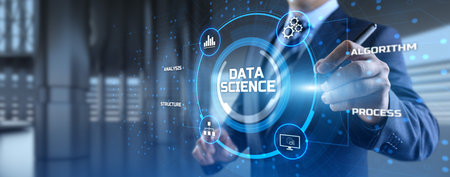 Data science analytics concept. Businessman pressing button on screen.