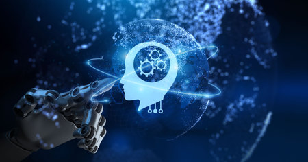 Machine learning Artificial intelligence Neural network technology concept. Robotic arm 3d...