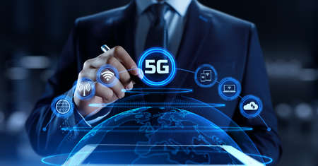 5G High-speed internet connection concept. Businessman pressing button on screenの写真素材
