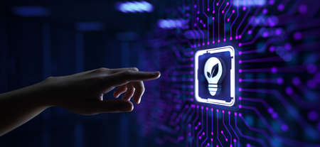 Green energy renewable zero waste. Hand pressing button on virtual screenの写真素材