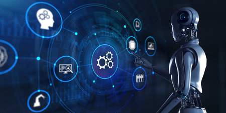 Gears Business industrial process workflow robotic automation RPA. Robot pressing button on screen...