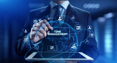 Time management planning productivity business concept. Businessman pressing buttonの写真素材