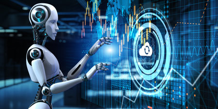 Cloud technology computing concept. Robot pressing button on screen 3d render