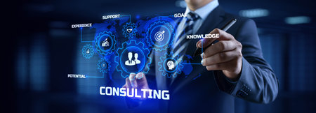 Consulting service business concept. Businessman pressing button on screen