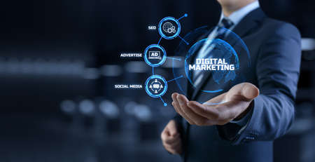 DIgital marketing online internet SEO SEM SMM. Businessman pressing button on screenの写真素材