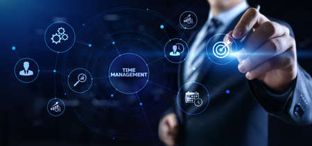 Time management planning productivity business concept. Businessman pressing buttonの写真素材