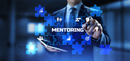 Mentoring coaching training personal development. Businessman pressing button on screen