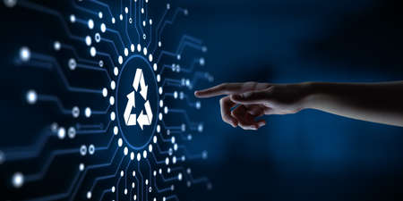Recycle zero waste ecology saving technology concept. Hand pressing button on virtual screenの写真素材