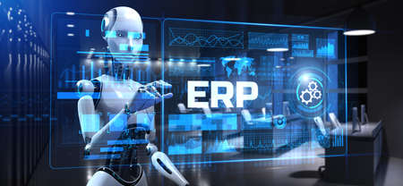 ERP Enterprise resources planning. Robot pressing button on screen 3d renderの写真素材