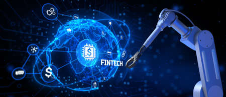 FINTECH Financial technology online banking e-payment. 3d render cobot robotic armの写真素材