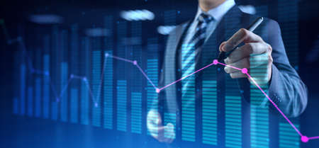 Financial concept charts diagram stock market data analysis. Businessman and virtual dashboardの写真素材