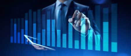 Financial concept charts diagram stock market data analysis. Businessman and virtual dashboard