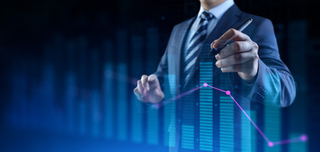 Financial concept charts diagram stock market data analysis. Businessman and virtual dashboardの写真素材