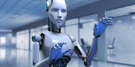 Cyborg Robot 3d render blurred background. RPA Automation AIの写真素材