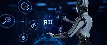 ROI Return on investment. Robot pressing virtual button 3d render illustration.の写真素材