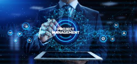 Project management business corporate technology. Businessman pressing button on screenの写真素材