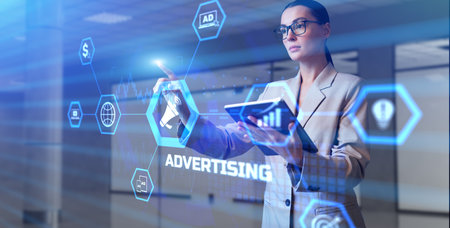 Advertising advertisement business marketing concept. Young business woman pressing button on virtual screen.の写真素材