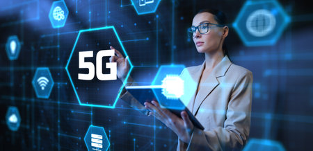 5g Fifth generation wireless mobile internet connection concept. Young business woman pressing button on virtual screen.の写真素材