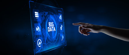 Big Data Analysis Analytics technology concept. Hand pressing button on screen.の写真素材