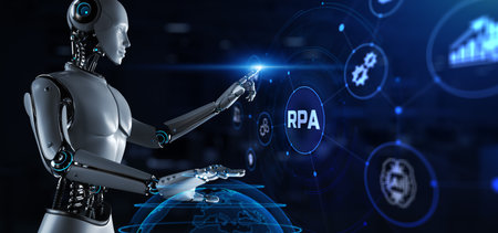 RPA Robotic process automation concept. Robot pressing button on screen 3d render.の写真素材