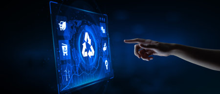 Recycle zero waste ecology saving technology concept. Hand pressing button on virtual screen.