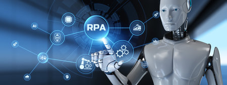 RPA Robotic process automation concept. Robot pressing button on screen 3d render.の写真素材
