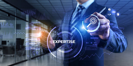 Expertise business consulting concept. Businessman pressing button on screen.の写真素材