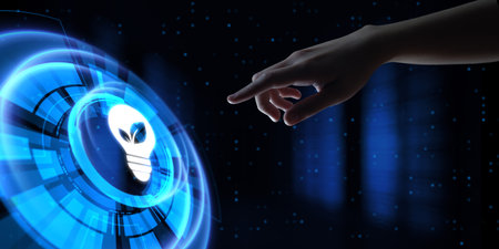 Green energy renewable zero waste. Hand pressing button on virtual screen.の写真素材