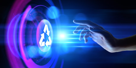 Recycle zero waste ecology saving technology concept. Hand pressing button on virtual screen.の写真素材