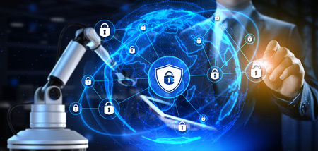 Cyber security data protection privacy. industrial automation technology concept. 3d render cobot...
