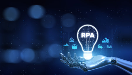 RPA Robotic process automation technology innovation concept. Robot hand pressing button on screen 3d render.の写真素材