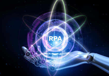 RPA Robotic process automation technology innovation concept. Robot hand pressing button on screen 3d render.の写真素材
