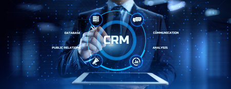 CRM customer relationship management concept. Businessman pressing button on screen.の写真素材